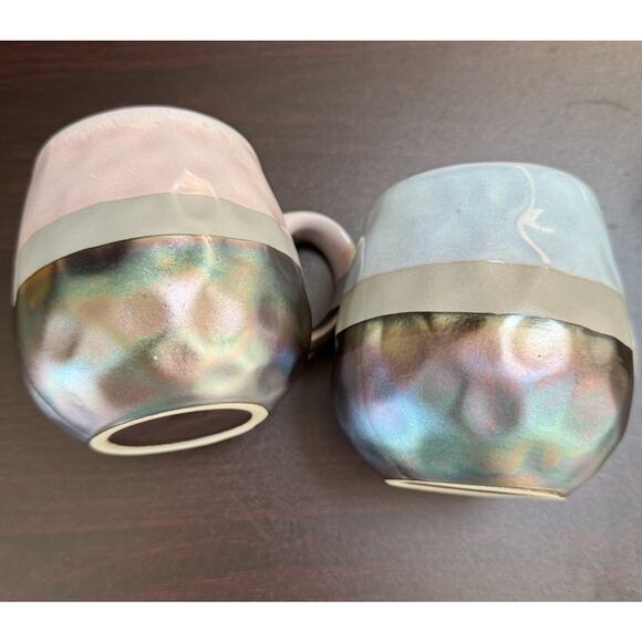 Set Of Two Roscher Large Stoneware Mugs Pink Blue & Iridescent Color Natura - Picture 5 of 8